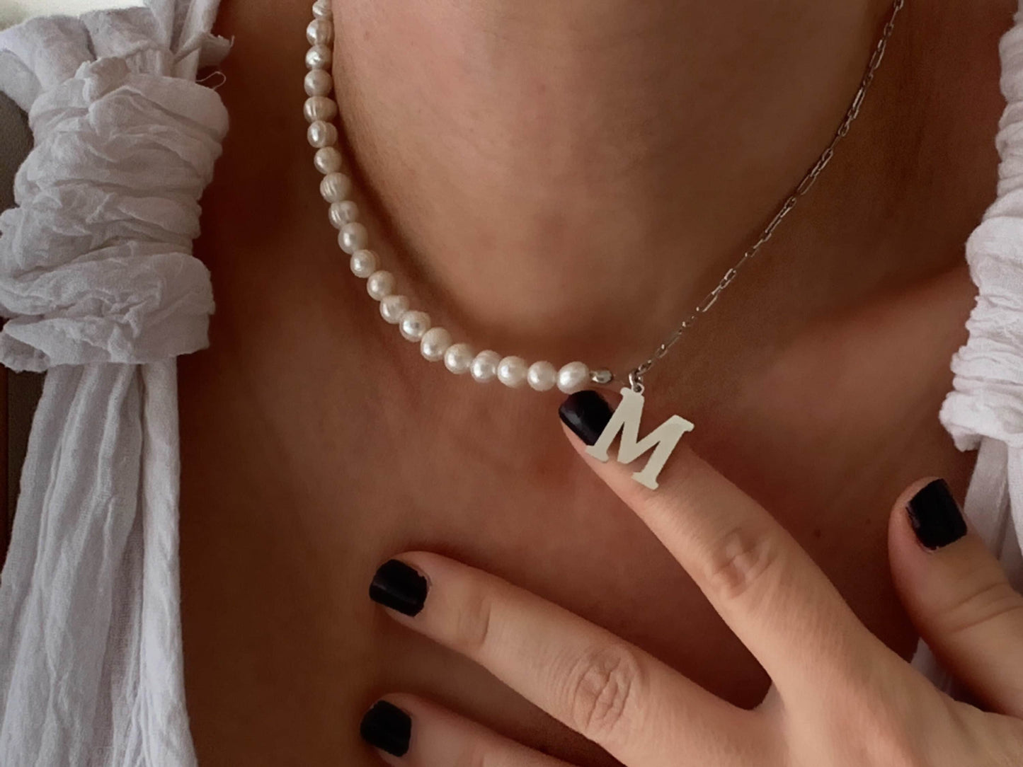 Pearl Name Necklace, Half Pearl Half Chain, Initial Pearl Necklace, Pearl Choker, Personalized Gift, Gift for her, 925 Sterling Silver