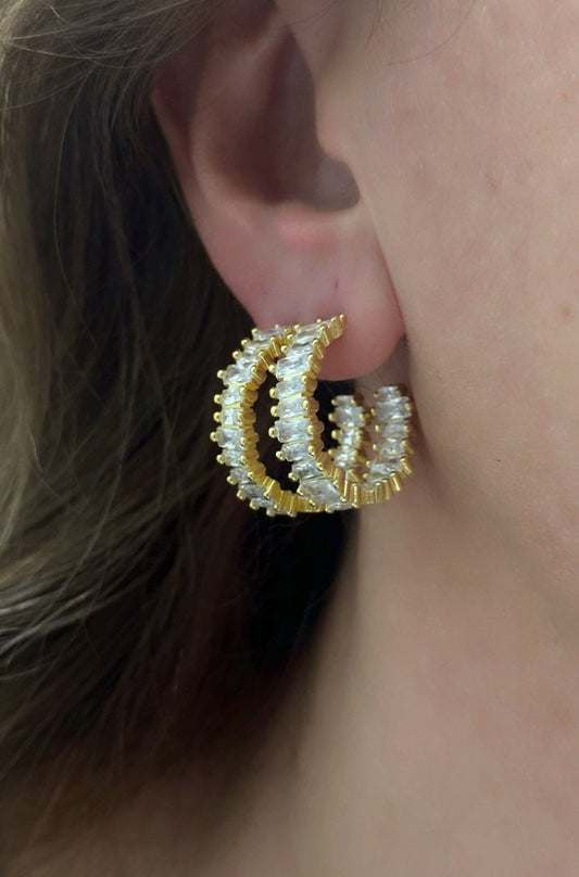 Diamond Huggie Hoop Earrings, Baguette Stone CZ Earring, Big Hoop Earring, Silver Hoop Earrings, 925 Sterling Silver Crystal Earrings