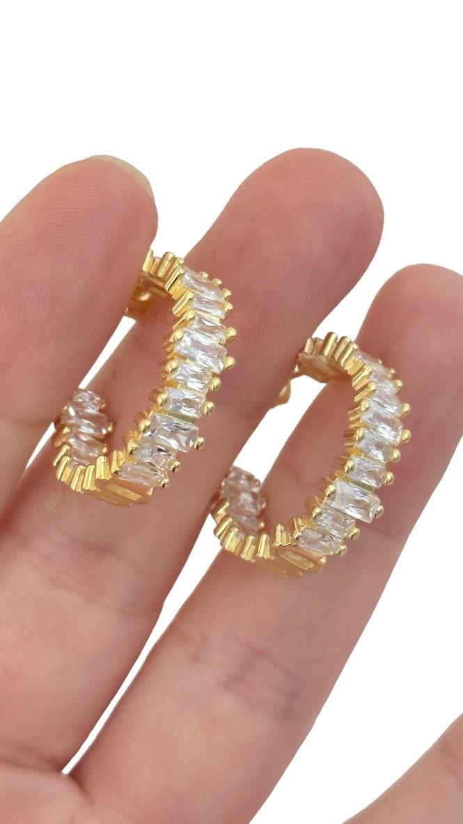 Diamond Huggie Hoop Earrings, Baguette Stone CZ Earring, Big Hoop Earring, Silver Hoop Earrings, 925 Sterling Silver Crystal Earrings