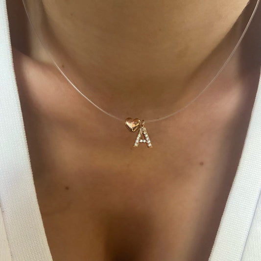 Tiny Initial Letter Necklace, Personalized Gifts, Invisible Necklace, Clear Corg Chain, CZ Gemstone, Layering Minimalist Necklace, Gift