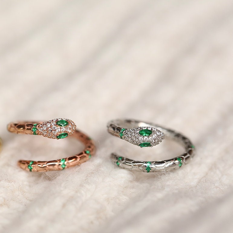 925 Sterling Silver Snake Ring, Green Eye Snake Ring, Adjustable Snake Ring, Open Snake Ring, Snake Jewelry,  Serpent Ring, animal jewelry