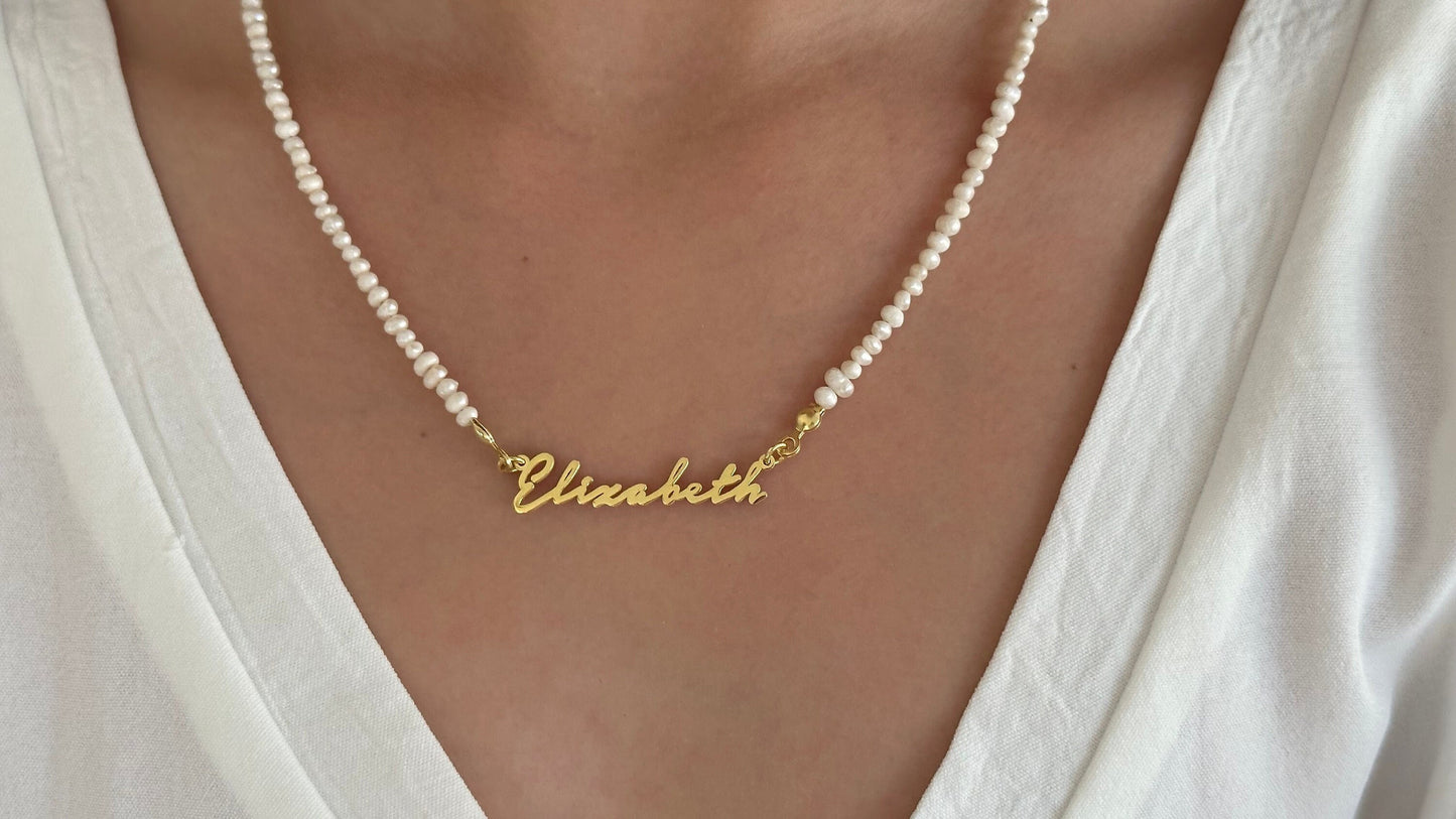Tiny Pearl Necklace, Pearl Name Necklace, Signature Necklace, Pearl Nameplate Necklace, Personalized Gifts, Personalized Pearl Jewelry