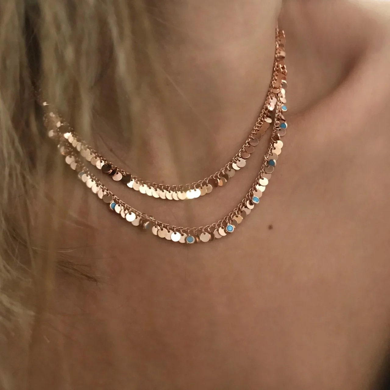 Dangle Disc Necklace, Tiny Discs Chain Necklace, Layering Chain Necklace, Dainty Gold Necklace, Circle Necklace, Gift for Her , 925 Silver