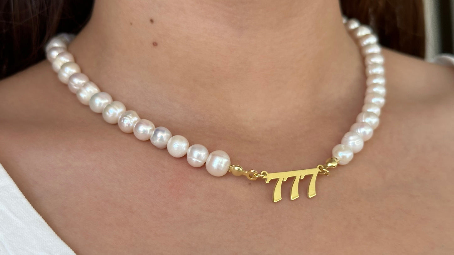 Angel Number Necklace, 777 Necklace, Pearl Angel Numbers Necklace, Personalized Gift, Lucky Number, Gift for Her, Pearl Jewelry, 925 Silver