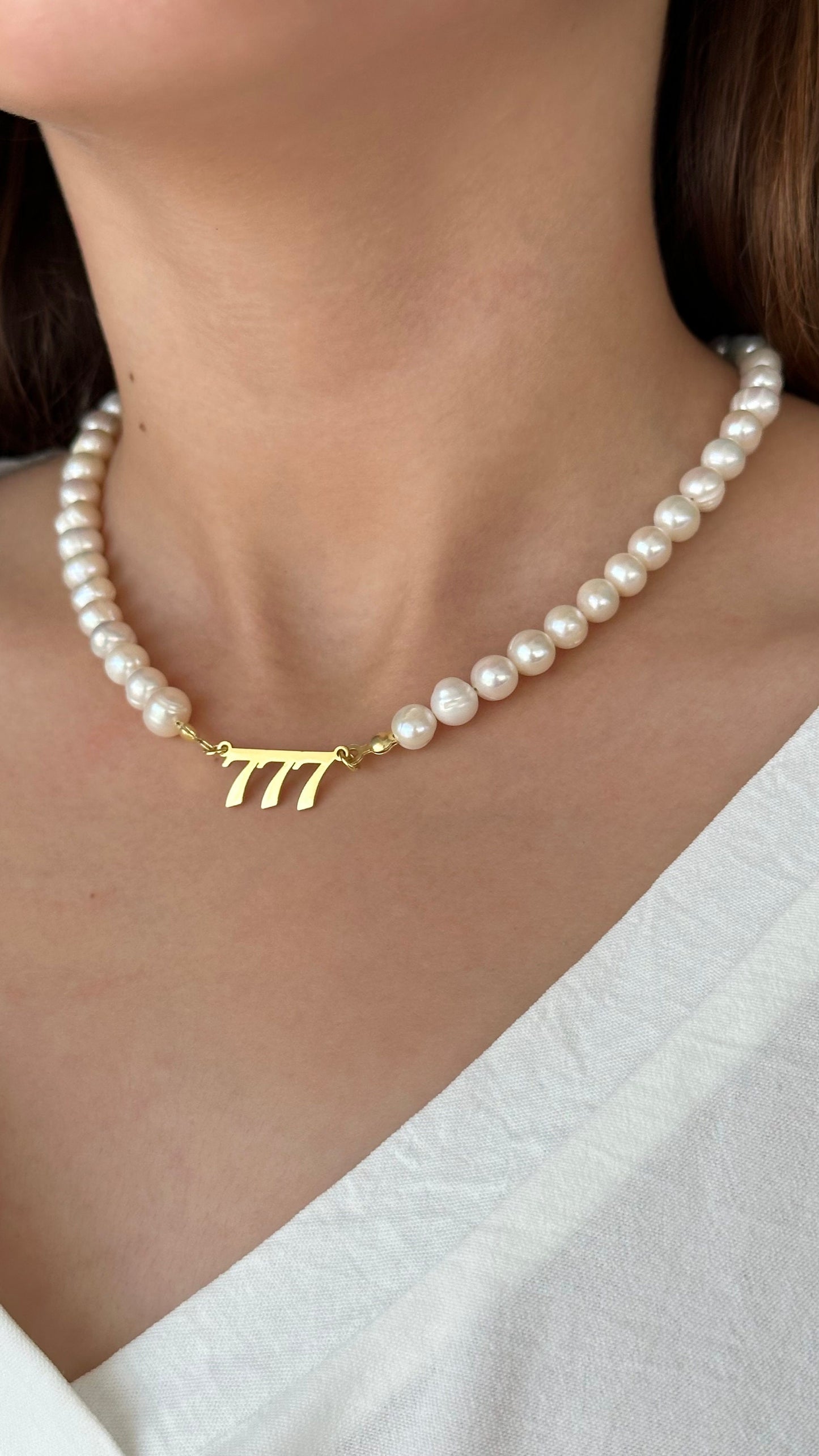 Angel Number Necklace, 777 Necklace, Pearl Angel Numbers Necklace, Personalized Gift, Lucky Number, Gift for Her, Pearl Jewelry, 925 Silver