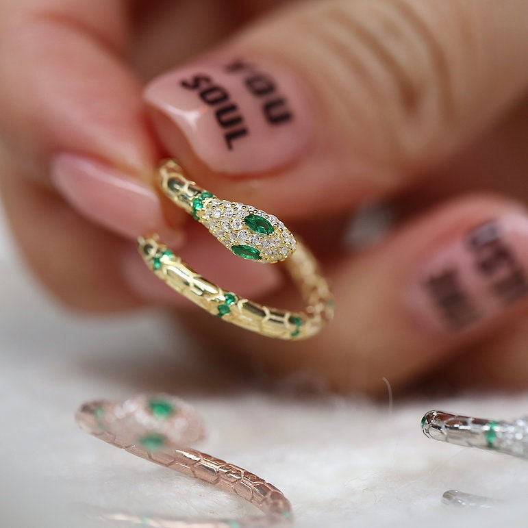 925 Sterling Silver Snake Ring, Green Eye Snake Ring, Adjustable Snake Ring, Open Snake Ring, Snake Jewelry,  Serpent Ring, animal jewelry