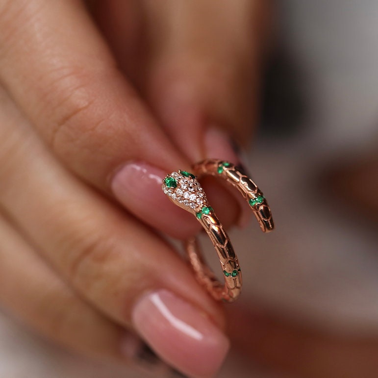 925 Sterling Silver Snake Ring, Green Eye Snake Ring, Adjustable Snake Ring, Open Snake Ring, Snake Jewelry,  Serpent Ring, animal jewelry