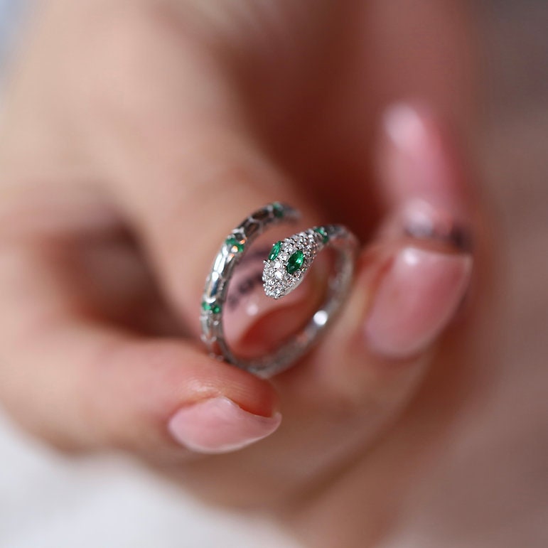 925 Sterling Silver Snake Ring, Green Eye Snake Ring, Adjustable Snake Ring, Open Snake Ring, Snake Jewelry,  Serpent Ring, animal jewelry
