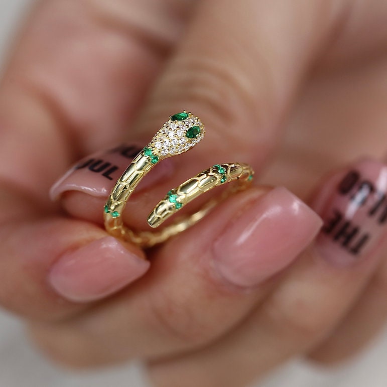 925 Sterling Silver Snake Ring, Green Eye Snake Ring, Adjustable Snake Ring, Open Snake Ring, Snake Jewelry,  Serpent Ring, animal jewelry