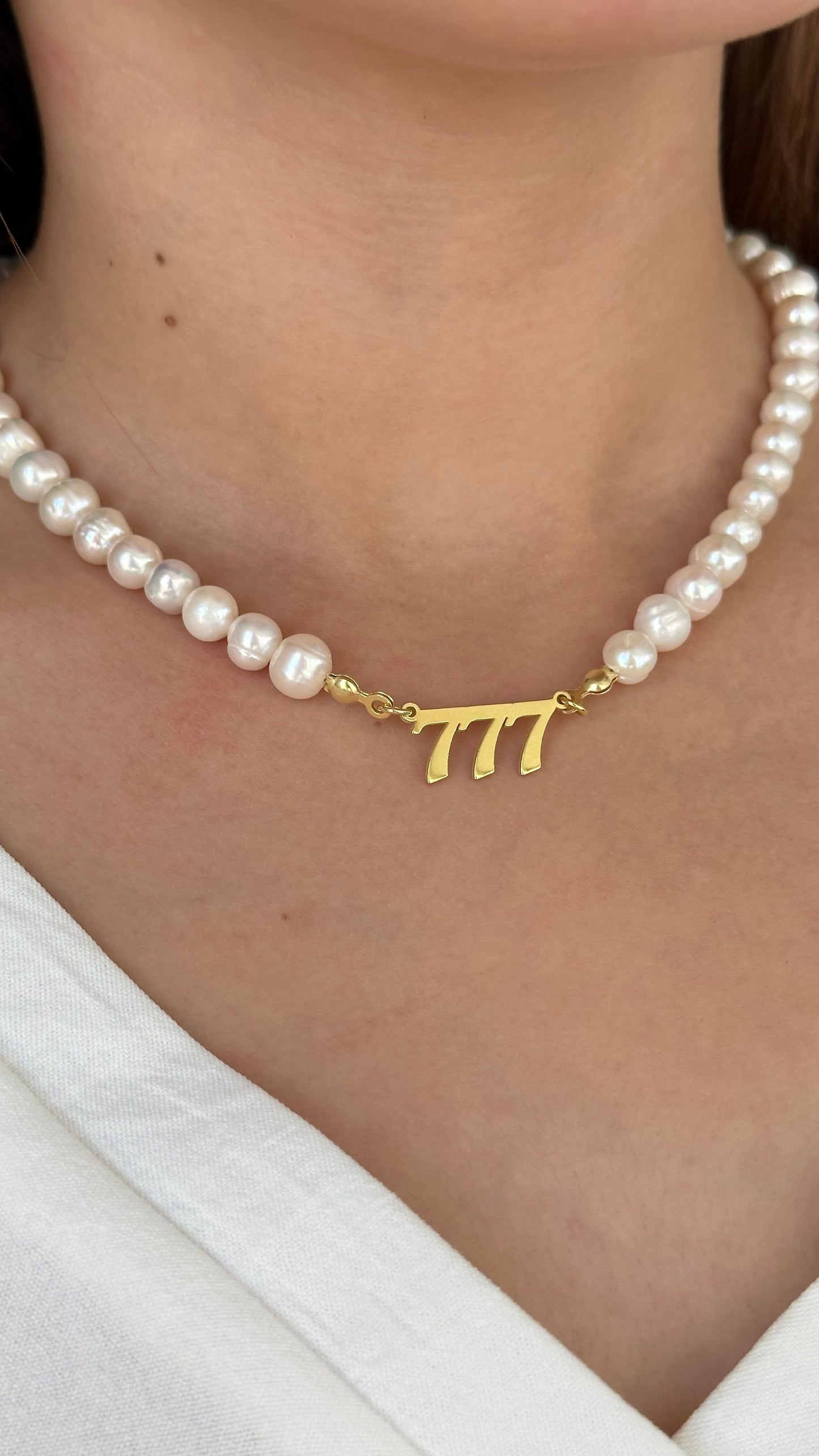 Angel Number Necklace, 777 Necklace, Pearl Angel Numbers Necklace, Personalized Gift, Lucky Number, Gift for Her, Pearl Jewelry, 925 Silver