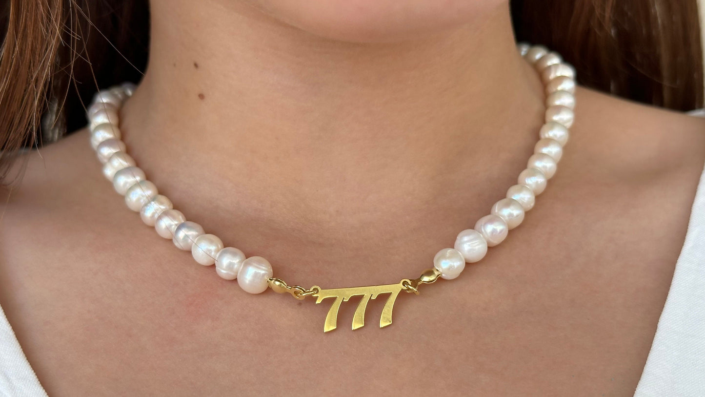 Angel Number Necklace, 777 Necklace, Pearl Angel Numbers Necklace, Personalized Gift, Lucky Number, Gift for Her, Pearl Jewelry, 925 Silver
