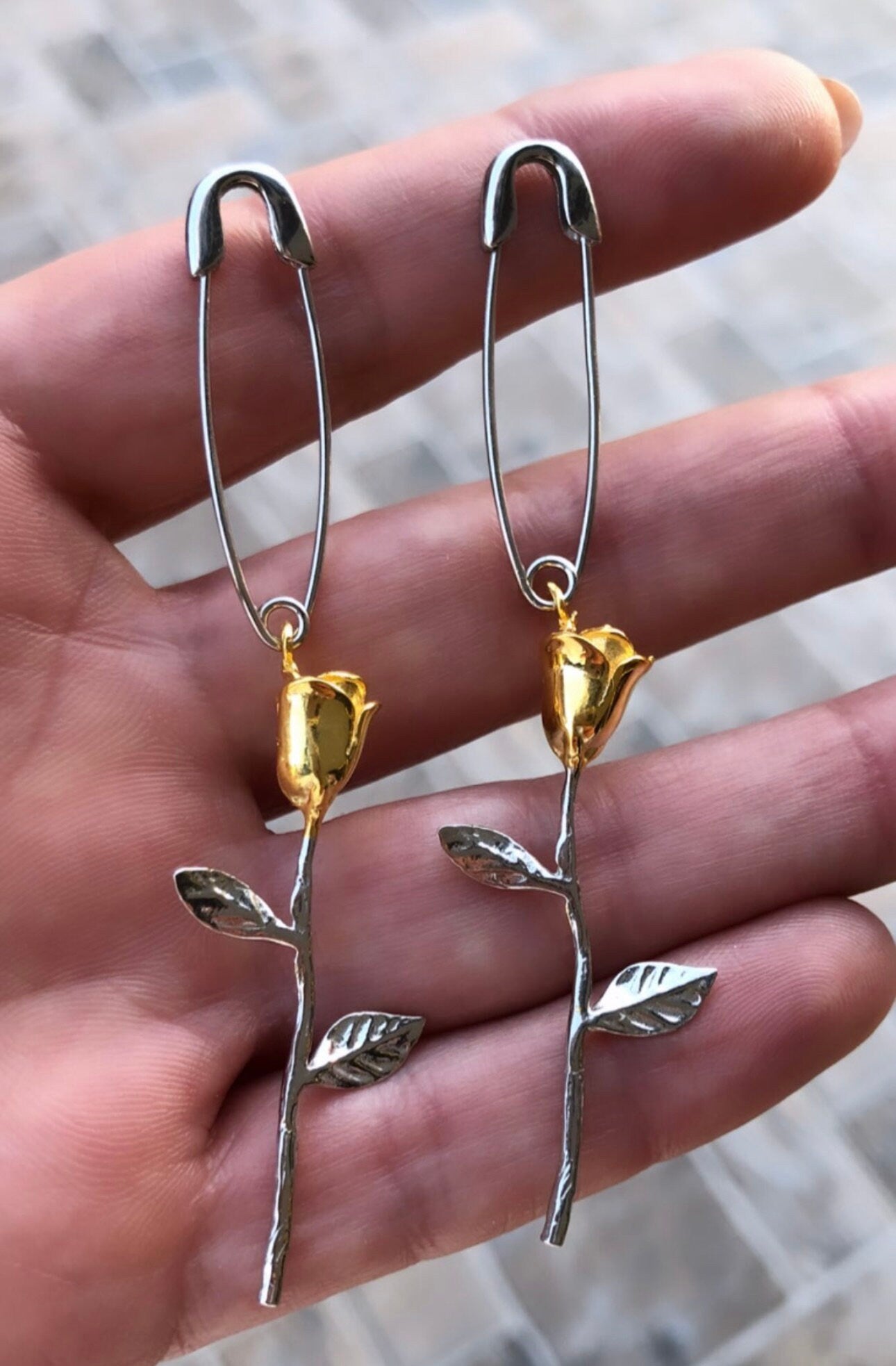 Single Rose earrings, Pin Drop Earrings, Safety Pin Earrings, Pave Safety Pin Jewelry, Unique Earrings, Modern Geometric Earrings, Gift Her