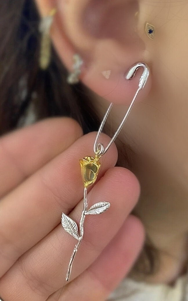 Single Rose earrings, Pin Drop Earrings, Safety Pin Earrings, Pave Safety Pin Jewelry, Unique Earrings, Modern Geometric Earrings, Gift Her