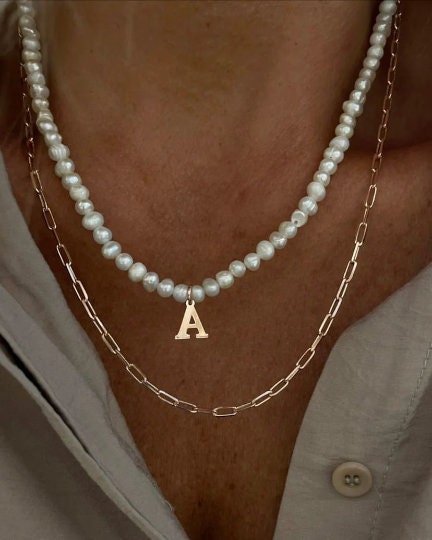 Layered Pearl Necklace, Initial Pearl Necklace, Multi Strand Pearl Letter Necklace, Pearl Name Necklace, Personalized gift, Custom Jewelry