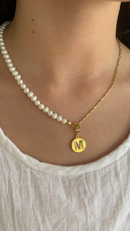Pearl Name Necklace, Initial Pearl necklace, Half Pearl Half Gold Chain, Half Chain Necklace, Pearl Jewelry, Pearl Choker, Trendy Necklace