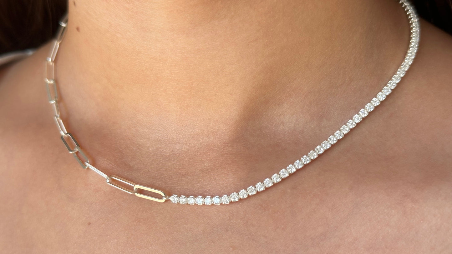 Half Tennis Half Link Chain Necklace Choker, CZ Tennis Necklace, 2mm Diamond Necklace, Link Chain Necklace, Tennis Jewelry, 925 Silver