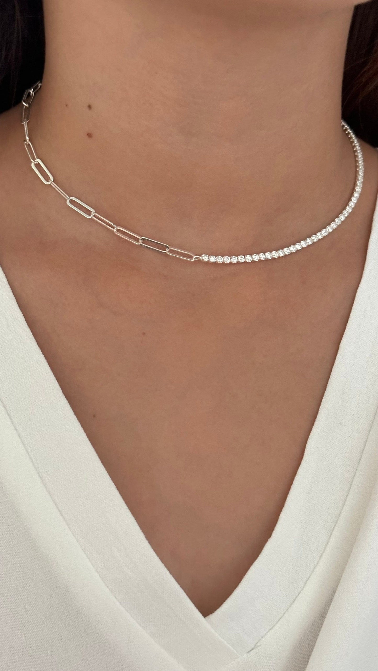 Half Tennis Half Link Chain Necklace Choker, CZ Tennis Necklace, 2mm Diamond Necklace, Link Chain Necklace, Tennis Jewelry, 925 Silver