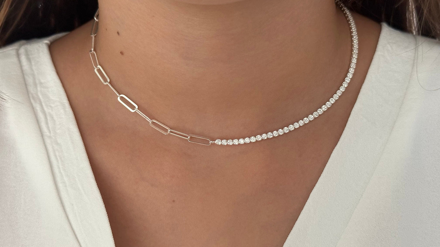 Half Tennis Half Link Chain Necklace Choker, CZ Tennis Necklace, 2mm Diamond Necklace, Link Chain Necklace, Tennis Jewelry, 925 Silver