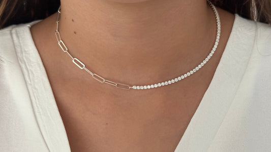 Half Tennis Half Link Chain Necklace Choker, CZ Tennis Necklace, 2mm Diamond Necklace, Link Chain Necklace, Tennis Jewelry, 925 Silver