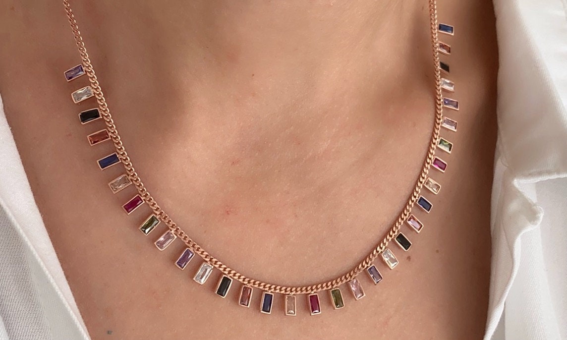 Multicolor Baguette Necklace, Baguette Choker, Rainbow Necklace, Drop Dangle Necklace, Colorful Necklace, CZ Necklace, Trendy Necklace, 925
