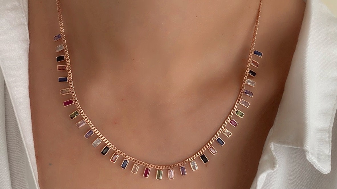 Multicolor Baguette Necklace, Baguette Choker, Rainbow Necklace, Drop Dangle Necklace, Colorful Necklace, CZ Necklace, Trendy Necklace, 925