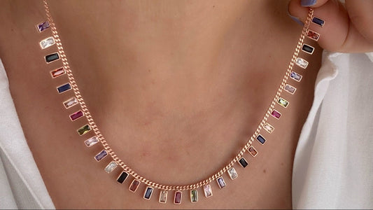 Multicolor Baguette Necklace, Baguette Choker, Rainbow Necklace, Drop Dangle Necklace, Colorful Necklace, CZ Necklace, Trendy Necklace, 925