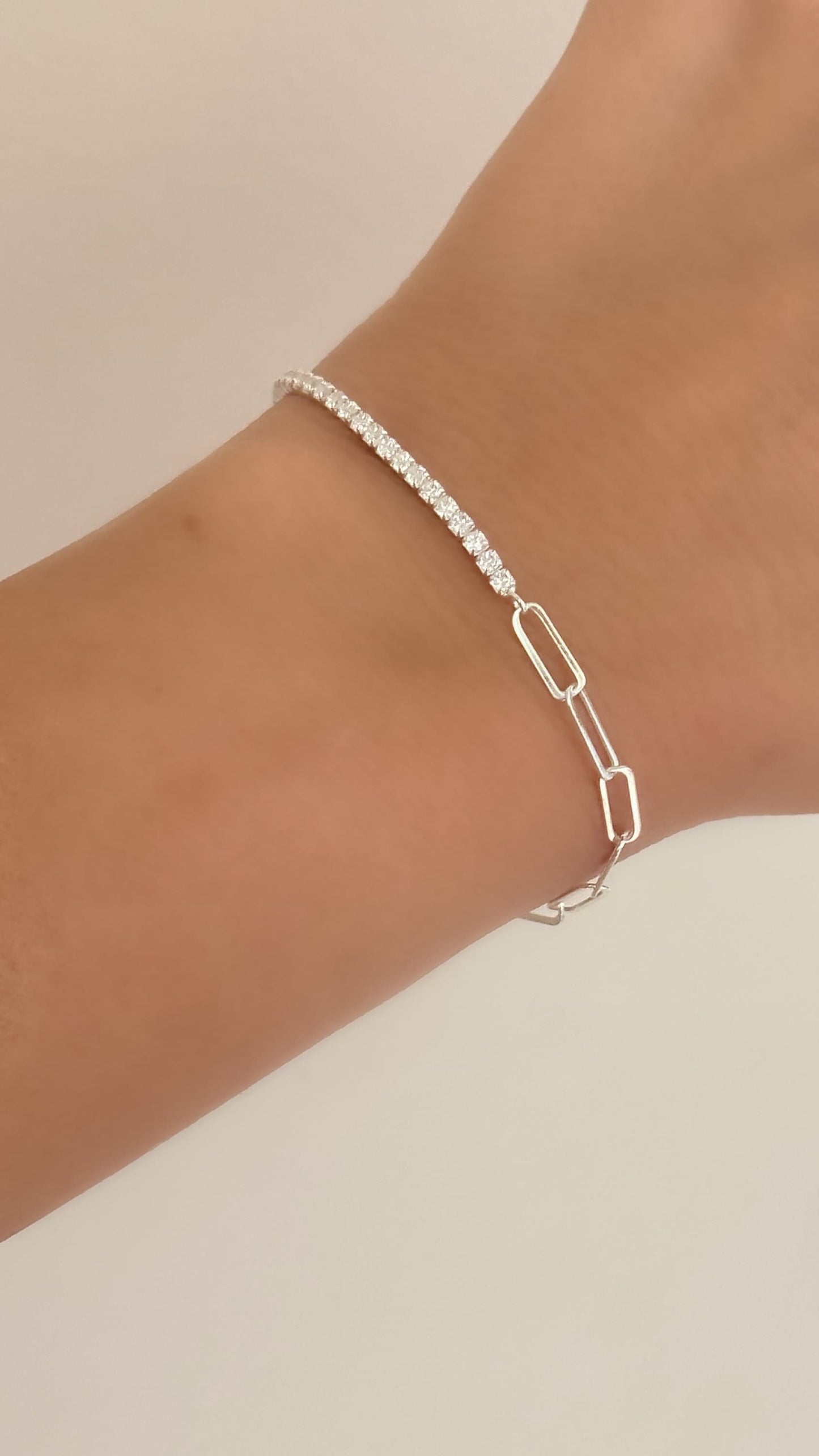 Half tennis half paperclip bracelet, CZ Tennis Bracelet, Diamond Bracelet, Link Chain Bracelet, Tennis Jewelry, 925 Silver, Gift for her