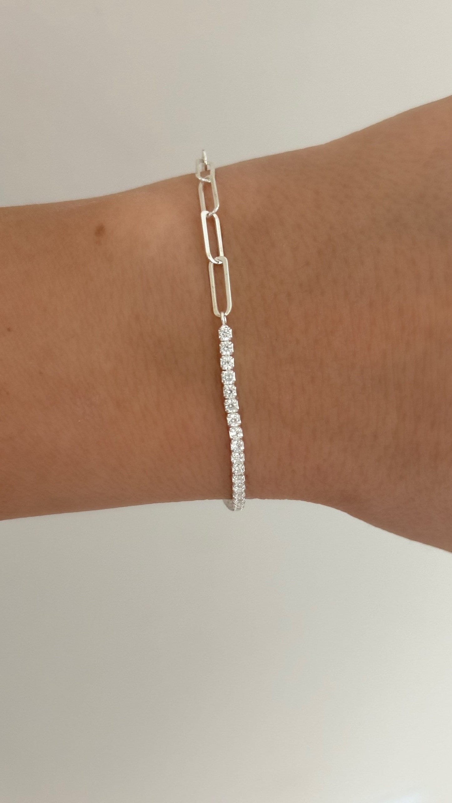 Half tennis half paperclip bracelet, CZ Tennis Bracelet, Diamond Bracelet, Link Chain Bracelet, Tennis Jewelry, 925 Silver, Gift for her