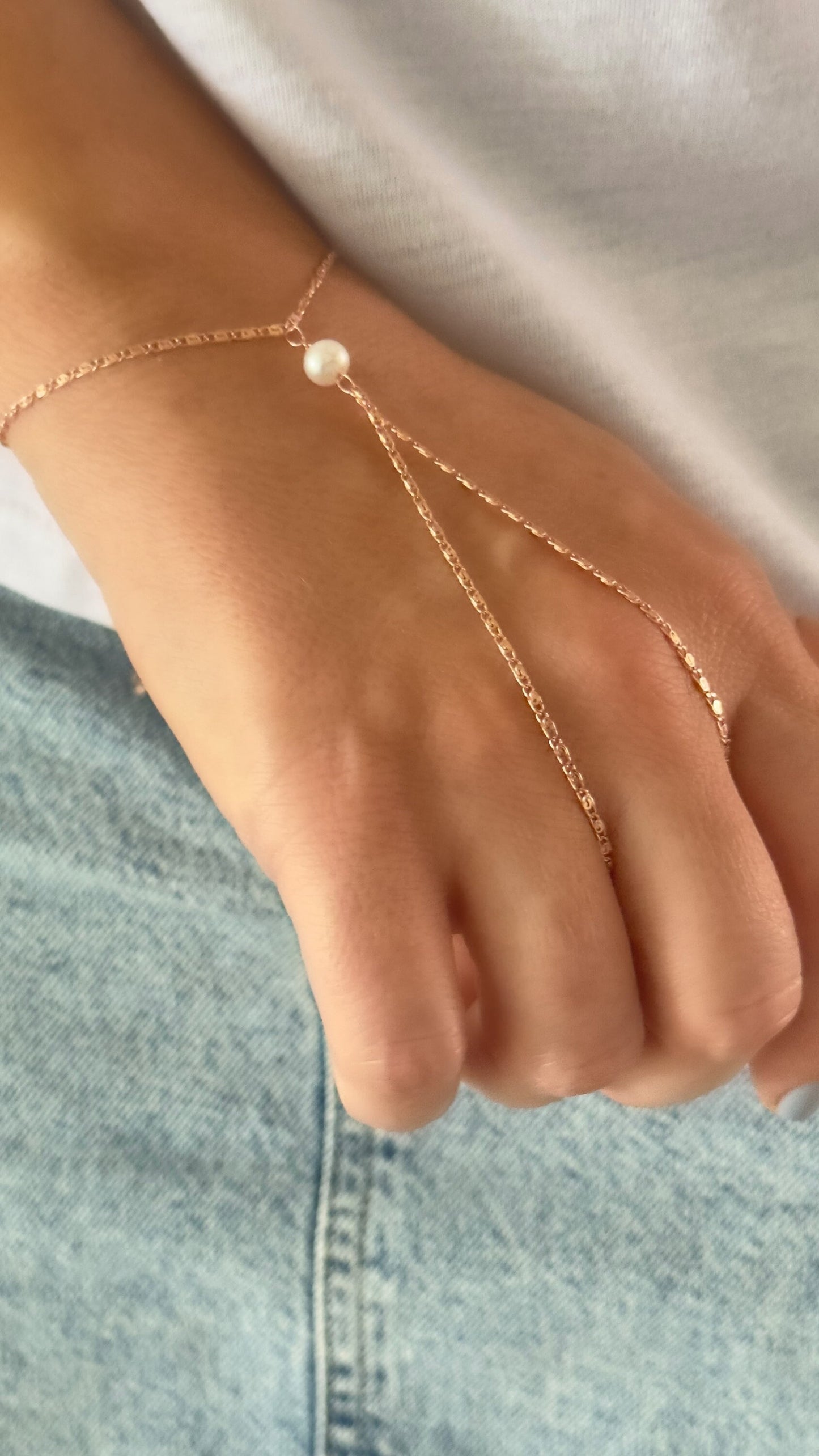 Pearl Hand Chain, Hand Chain Bracelet, Slave Bracelet, Ring Bracelet, Pearl Jewelry, Gift for Woman, 925 Silver, 14k Gold , 14K Rose Gold