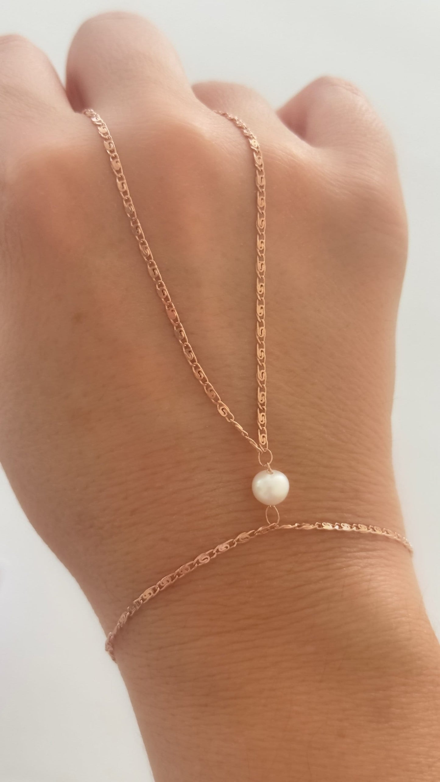Pearl Hand Chain, Hand Chain Bracelet, Slave Bracelet, Ring Bracelet, Pearl Jewelry, Gift for Woman, 925 Silver, 14k Gold , 14K Rose Gold