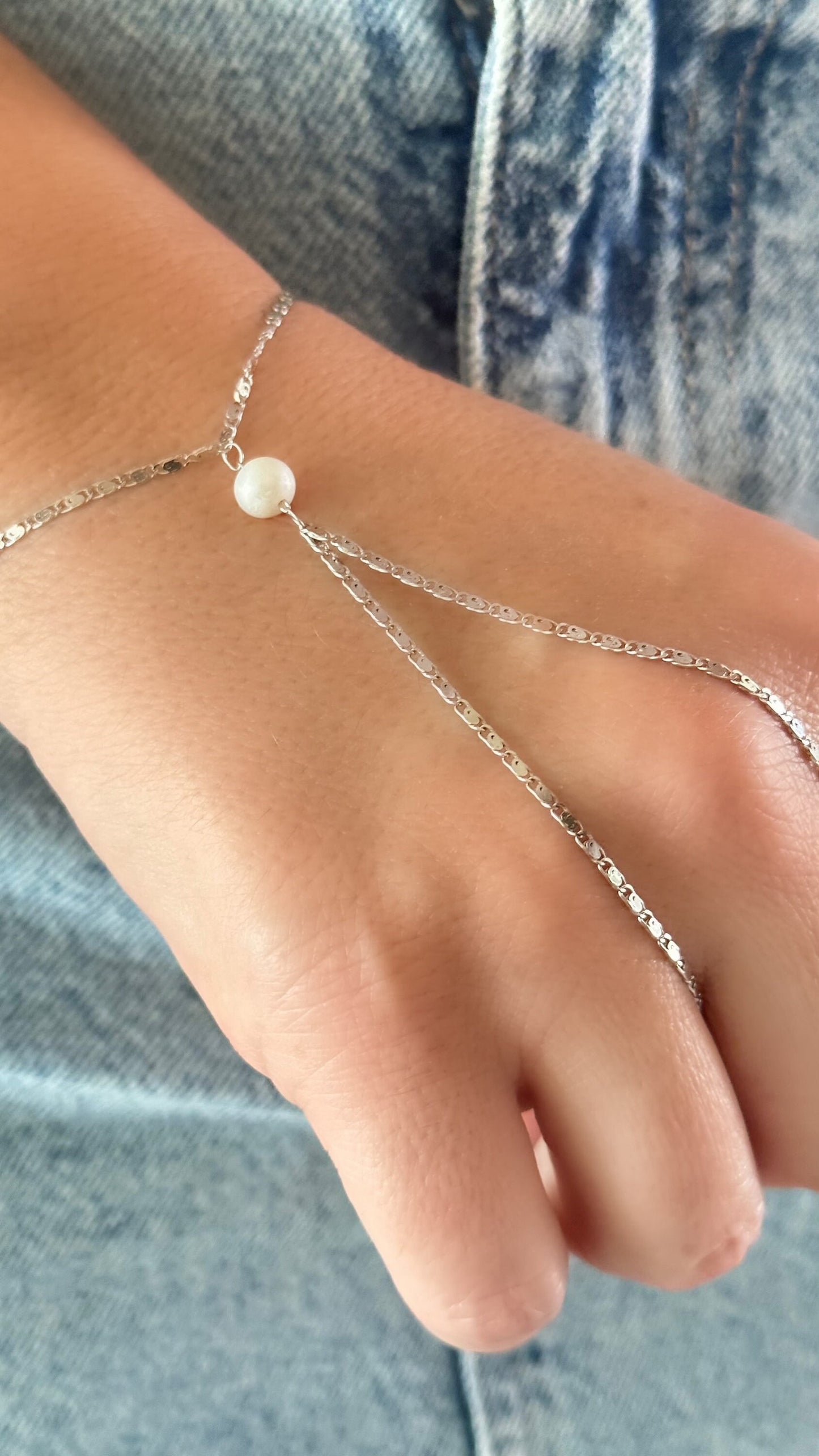 Pearl Hand Chain, Hand Chain Bracelet, Slave Bracelet, Ring Bracelet, Pearl Jewelry, Gift for Woman, 925 Silver, 14k Gold , 14K Rose Gold