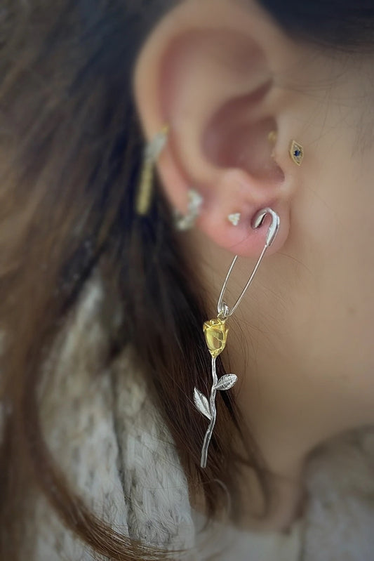 Single Rose earrings, Pin Drop Earrings, Safety Pin Earrings, Pave Safety Pin Jewelry, Unique Earrings, Modern Geometric Earrings, Gift Her
