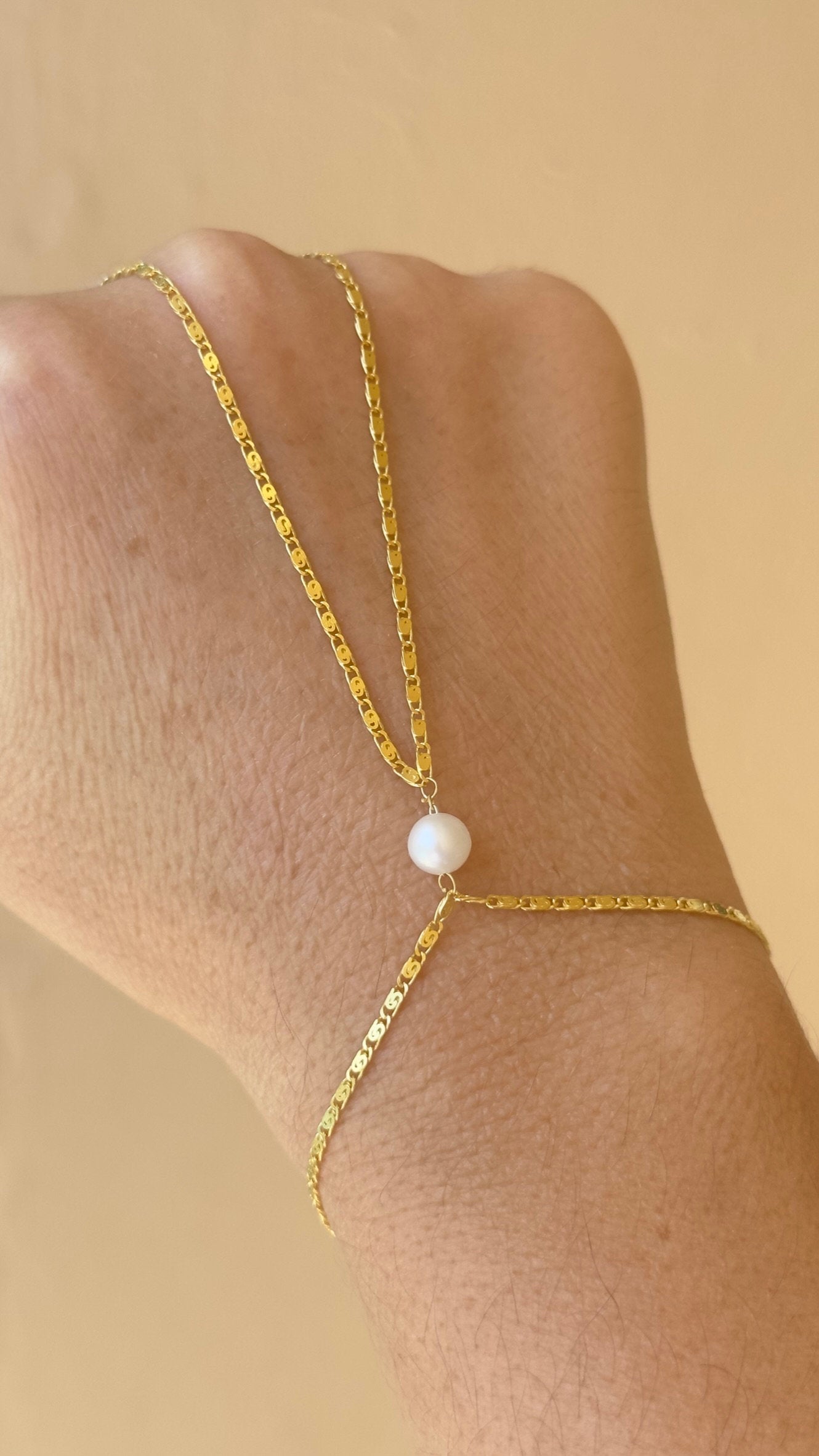 Pearl Hand Chain, Hand Chain Bracelet, Slave Bracelet, Ring Bracelet, Pearl Jewelry, Gift for Woman, 925 Silver, 14k Gold , 14K Rose Gold