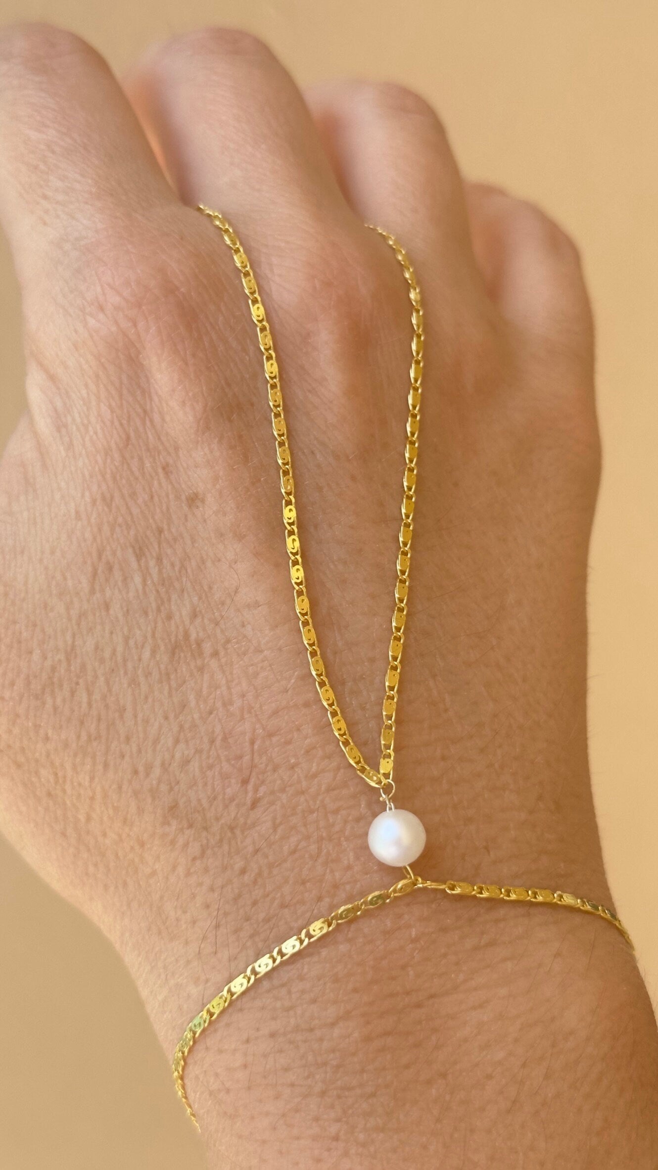 Pearl Hand Chain, Hand Chain Bracelet, Slave Bracelet, Ring Bracelet, Pearl Jewelry, Gift for Woman, 925 Silver, 14k Gold , 14K Rose Gold