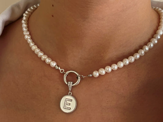 Initial Pearl necklace, Pearl Letter Choker, CZ Gemstone Initial Pendant, Freshwater Pearls, Personalized Gifts, Christmas Girlfriend Gift