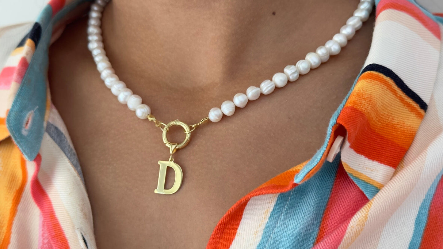 Initial Pearl Necklace, Personalized Pearl Letter Necklace Choker, Pearl Name Necklace, Alphabet Letter Pendants, Pearl Initial Jewelry