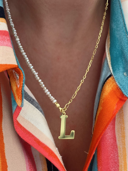 Personalized Tiny Pearl Necklace, Initial Pearl Necklace, Half Pearl Half Chain Necklace, Letter Necklace, Personalized Gifts, Gift for Her