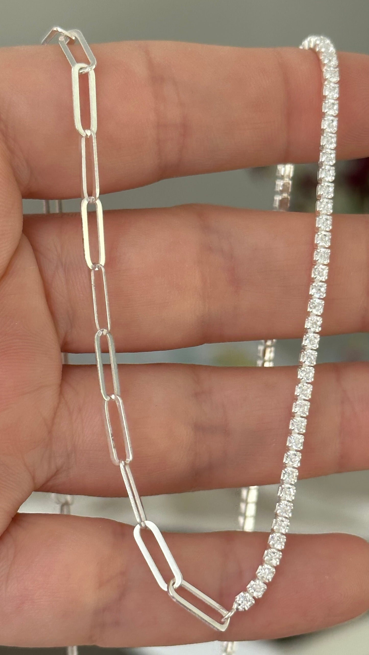 Half Tennis Half Link Chain Necklace Choker, CZ Tennis Necklace, 2mm Diamond Necklace, Link Chain Necklace, Tennis Jewelry, 925 Silver