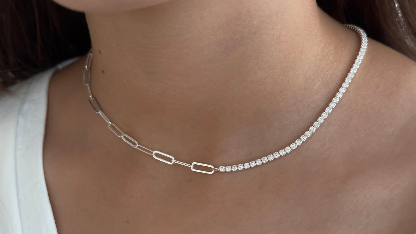 Half Tennis Half Link Chain Necklace Choker, CZ Tennis Necklace, 2mm Diamond Necklace, Link Chain Necklace, Tennis Jewelry, 925 Silver