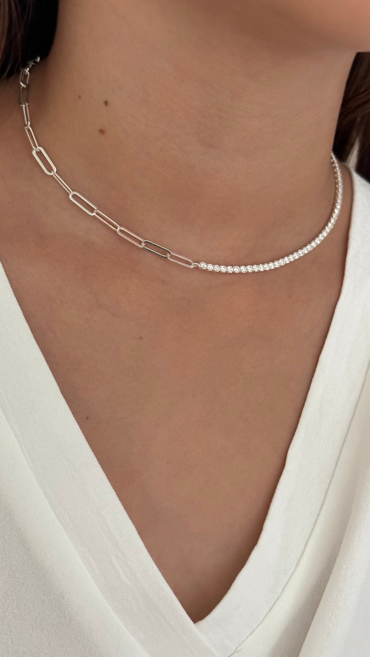 Half Tennis Half Link Chain Necklace Choker, CZ Tennis Necklace, 2mm Diamond Necklace, Link Chain Necklace, Tennis Jewelry, 925 Silver
