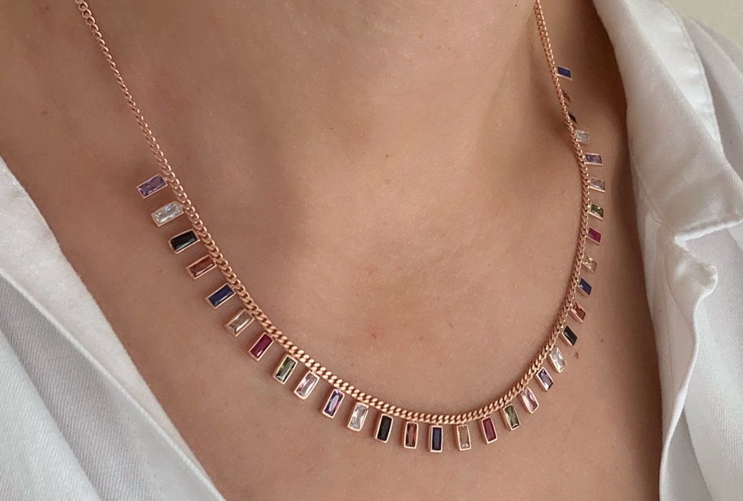 Multicolor Baguette Necklace, Baguette Choker, Rainbow Necklace, Drop Dangle Necklace, Colorful Necklace, CZ Necklace, Trendy Necklace, 925