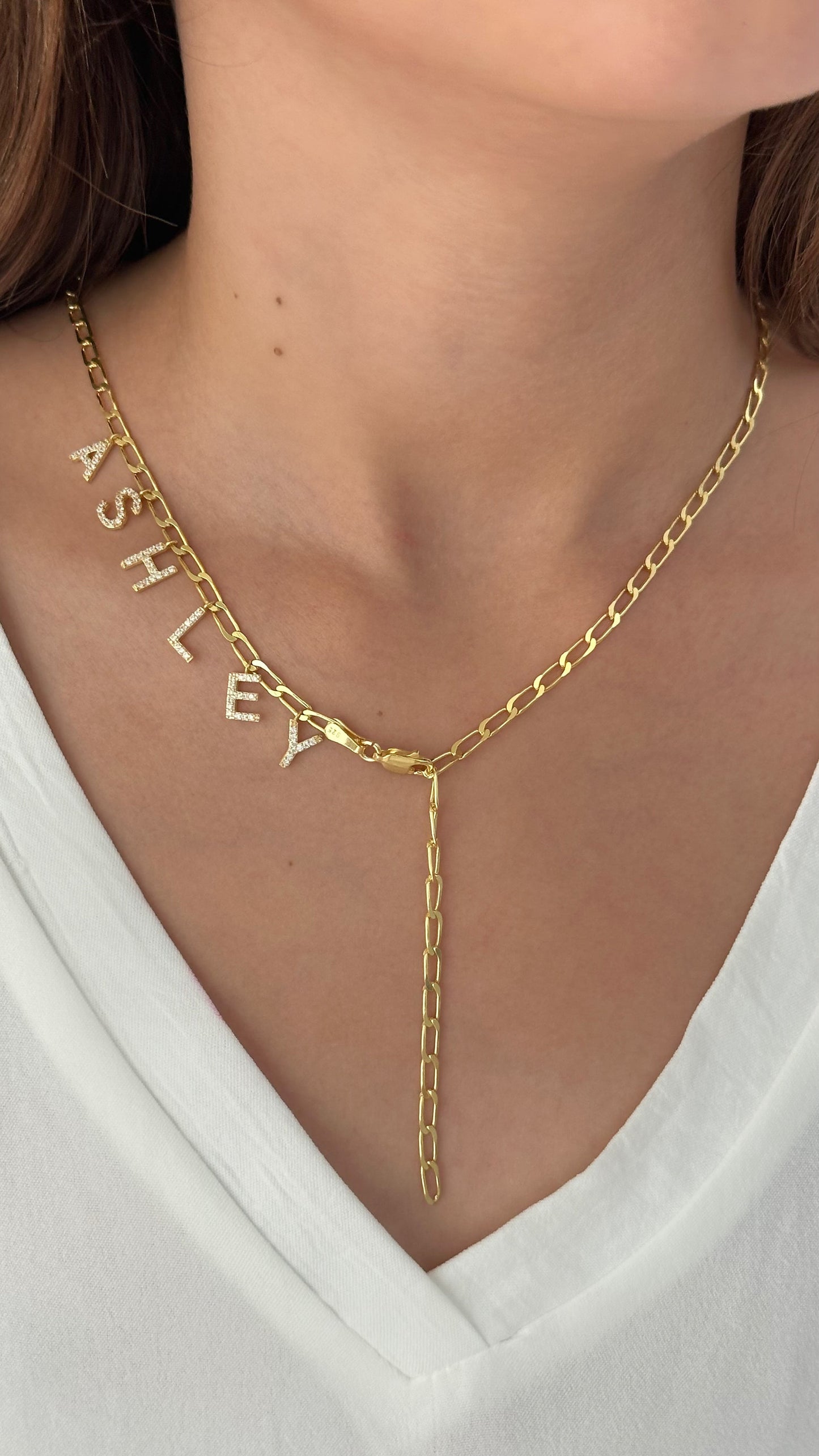 Personalized Lariat Name Necklace with Paperclip Chain, Lariat Necklace in Gold, Custom Name Necklace, CZ Stone Dangle Letter, Drop Necklace
