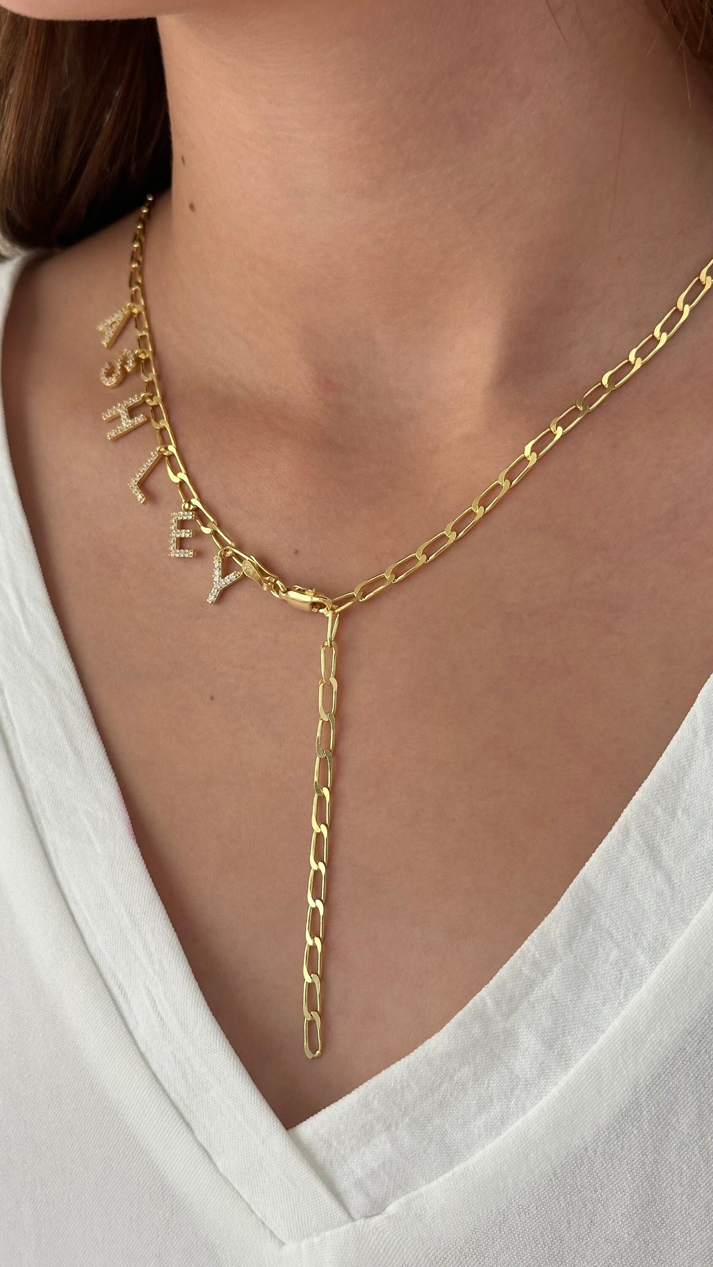 Personalized Lariat Name Necklace with Paperclip Chain, Lariat Necklace in Gold, Custom Name Necklace, CZ Stone Dangle Letter, Drop Necklace
