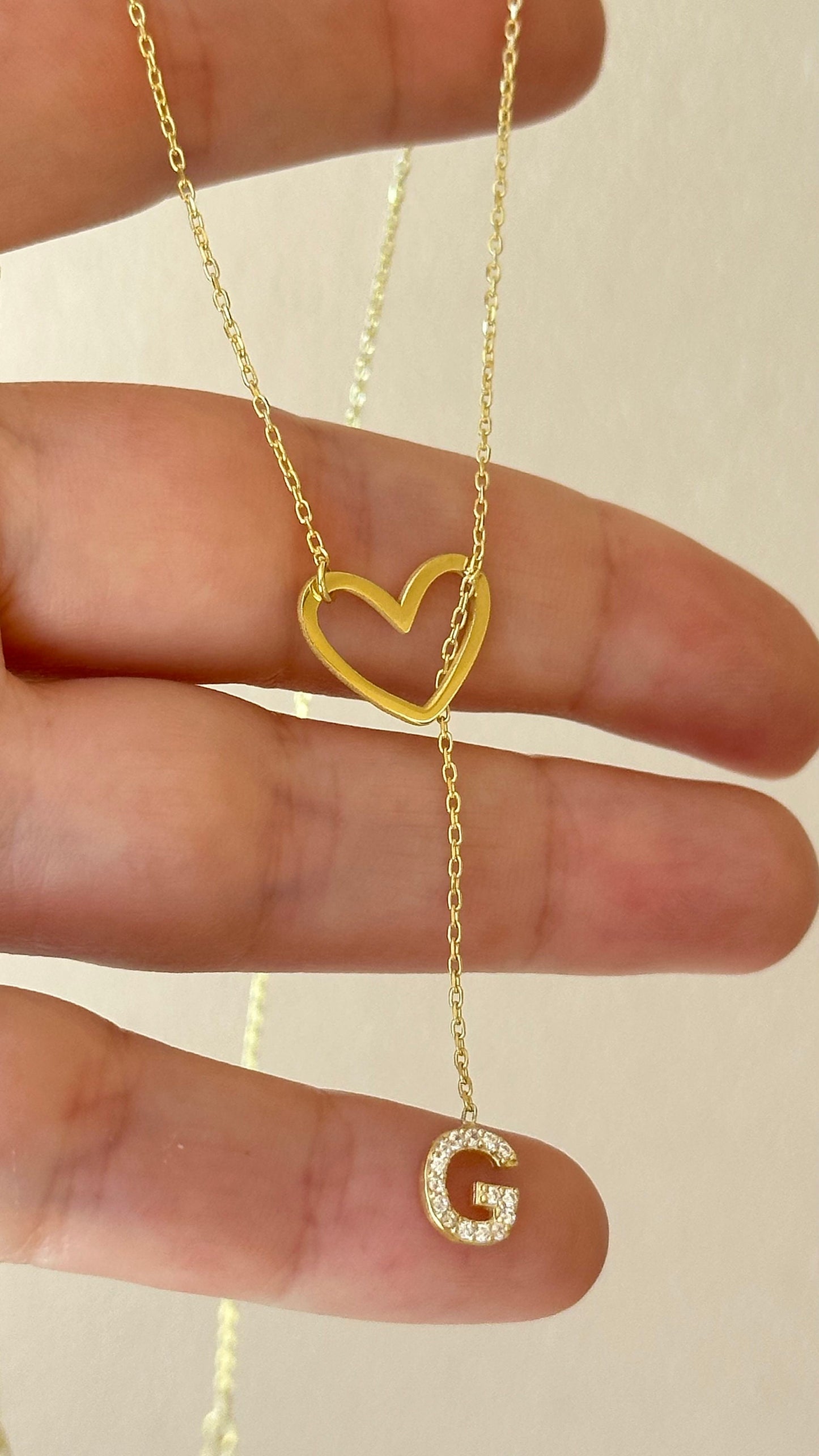 Initial Heart Lariat Necklace, Personalized Y Initial Heart, Lariat Y Necklace, CZ Stone Dangle Letter, Initial Drop Chain,Personalized Gift