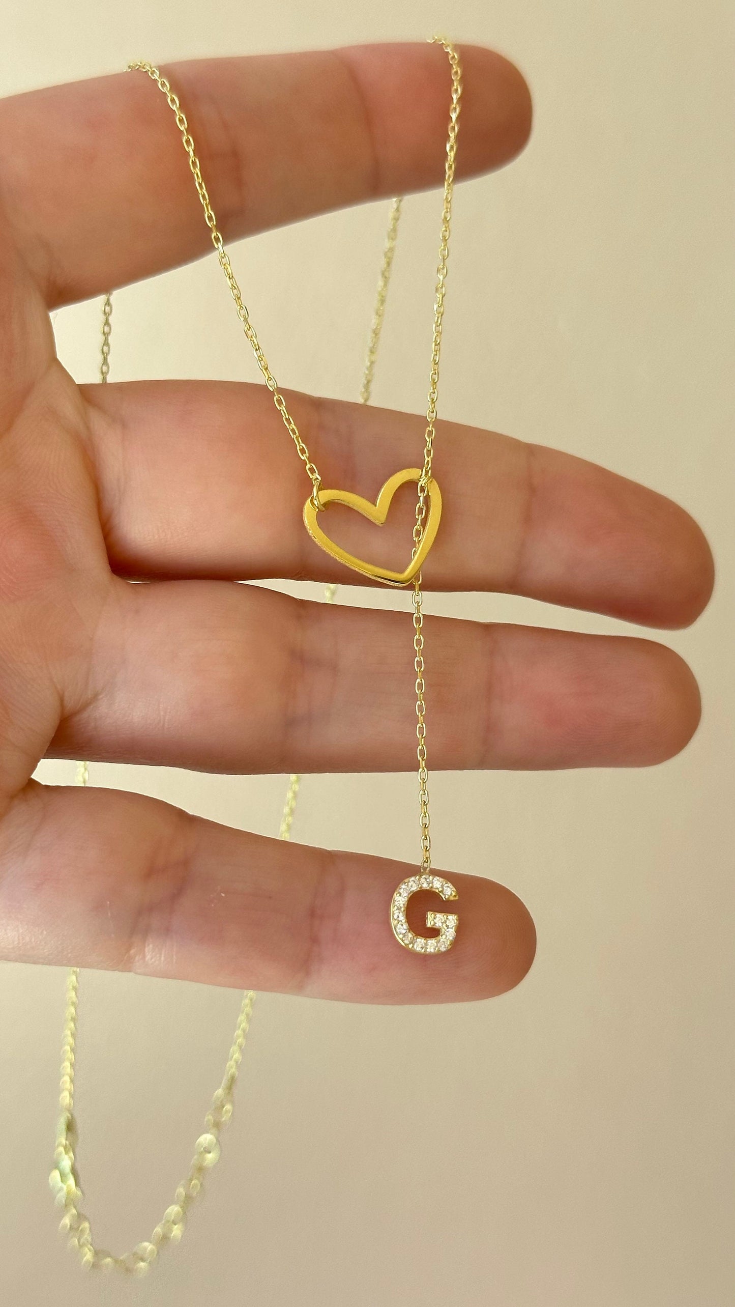 Initial Heart Lariat Necklace, Personalized Y Initial Heart, Lariat Y Necklace, CZ Stone Dangle Letter, Initial Drop Chain,Personalized Gift