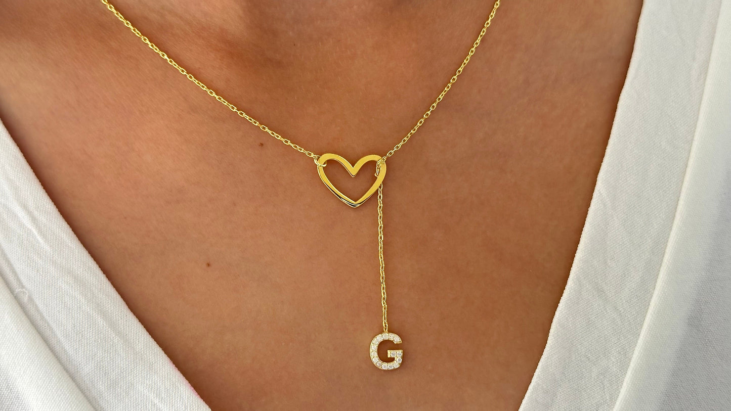 Initial Heart Lariat Necklace, Personalized Y Initial Heart, Lariat Y Necklace, CZ Stone Dangle Letter, Initial Drop Chain,Personalized Gift