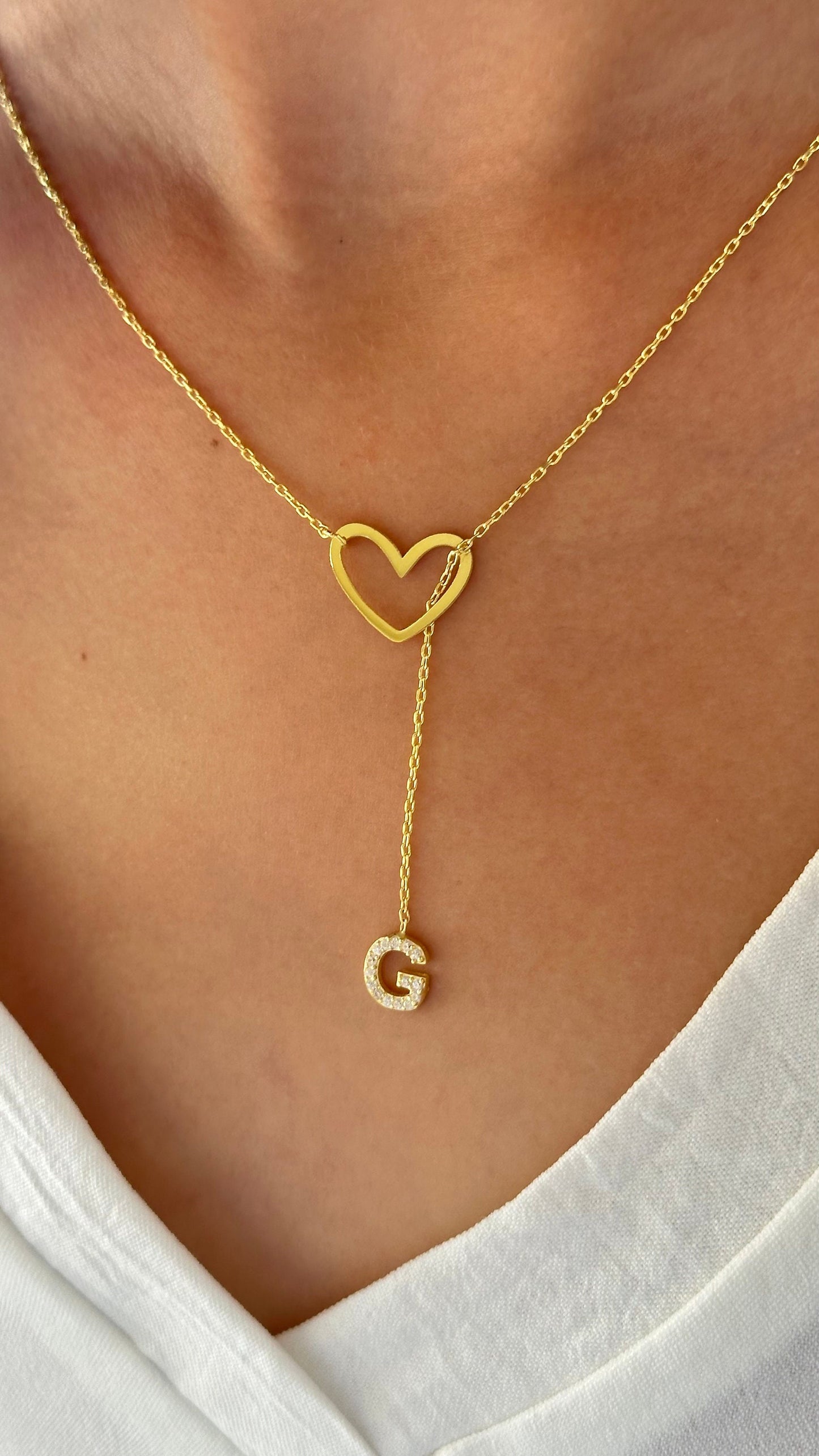 Initial Heart Lariat Necklace, Personalized Y Initial Heart, Lariat Y Necklace, CZ Stone Dangle Letter, Initial Drop Chain,Personalized Gift