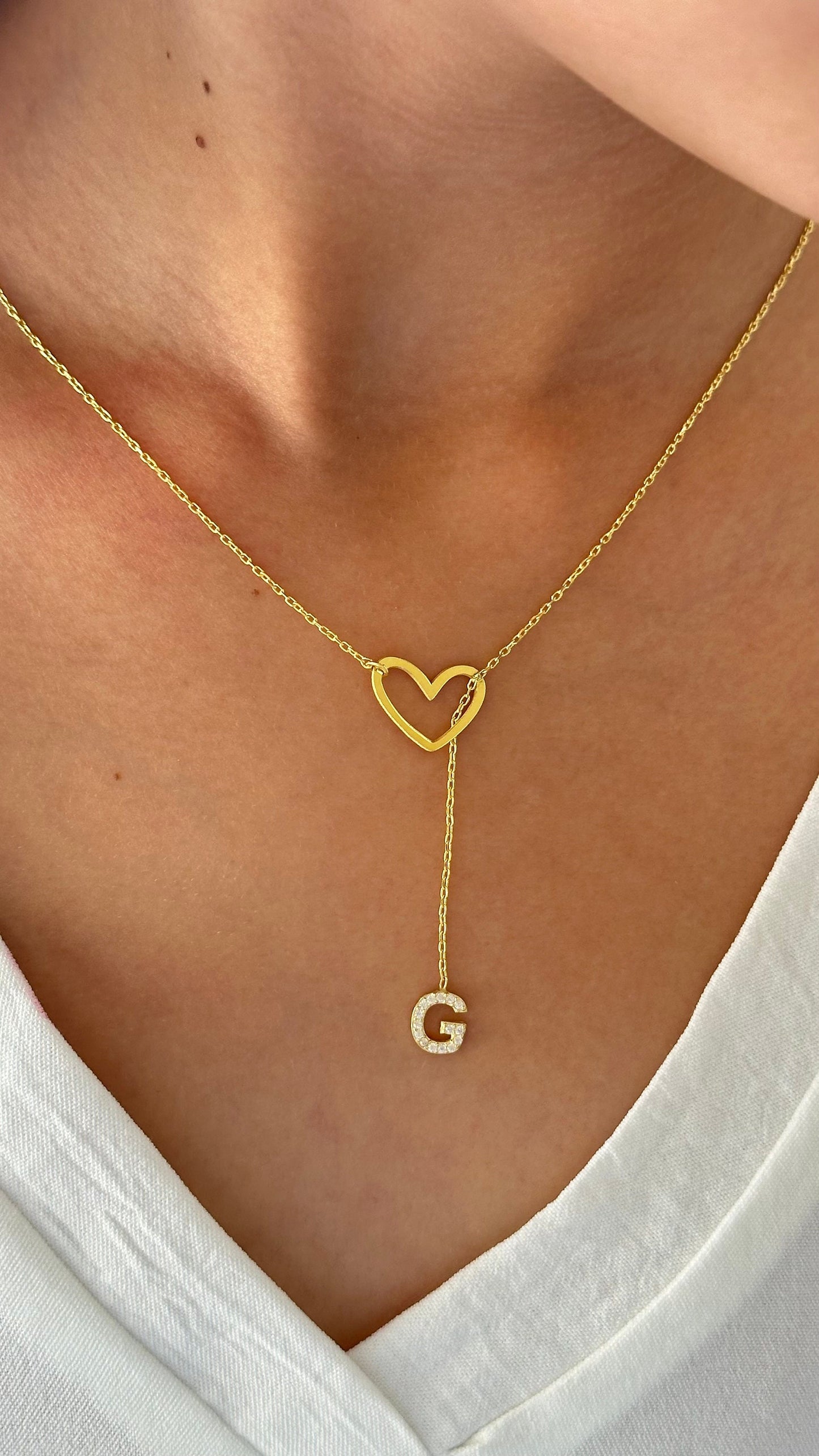 Initial Heart Lariat Necklace, Personalized Y Initial Heart, Lariat Y Necklace, CZ Stone Dangle Letter, Initial Drop Chain,Personalized Gift