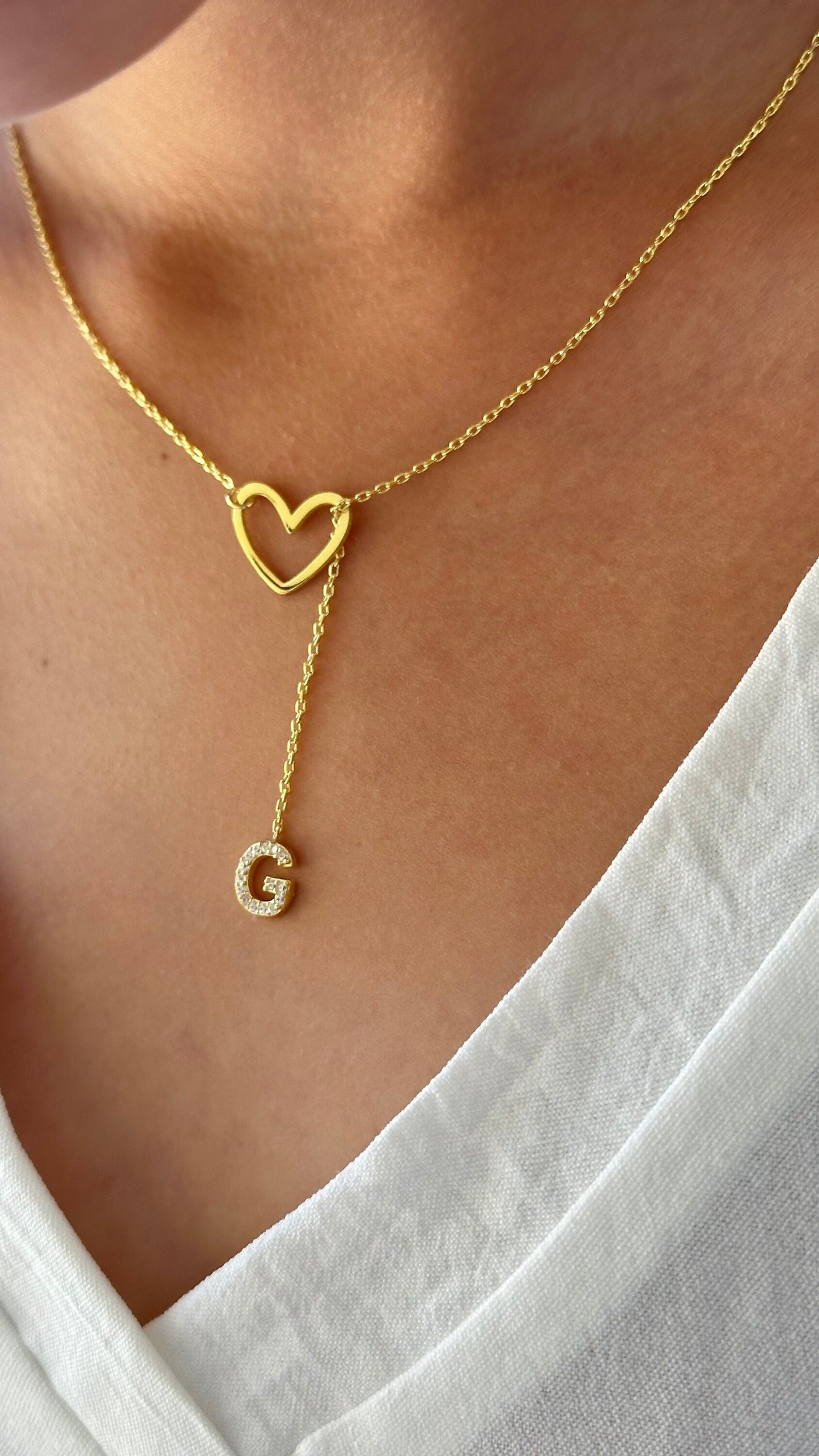 Initial Heart Lariat Necklace, Personalized Y Initial Heart, Lariat Y Necklace, CZ Stone Dangle Letter, Initial Drop Chain,Personalized Gift