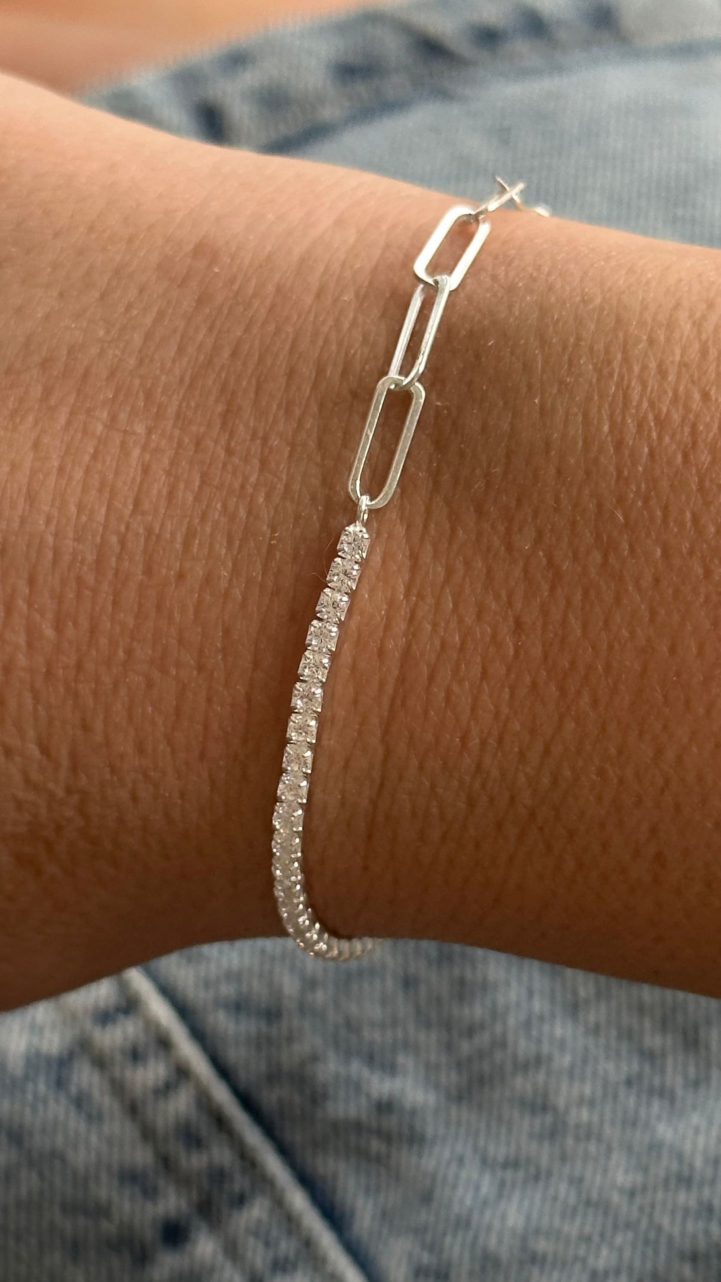 Half tennis half paperclip bracelet, CZ Tennis Bracelet, Diamond Bracelet, Link Chain Bracelet, Tennis Jewelry, 925 Silver, Gift for her